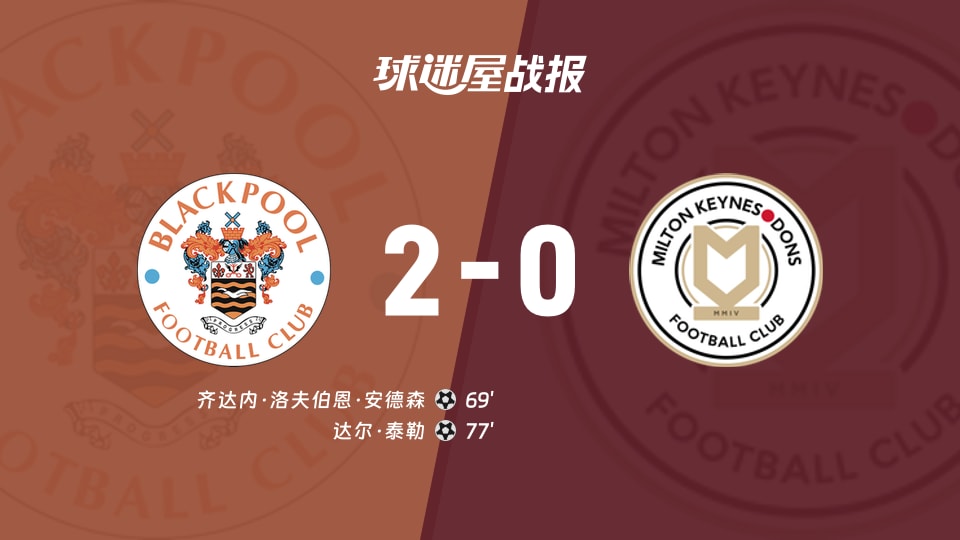 【英甲联赛第12轮】布莱克浦vs米尔顿凯恩斯比赛结果:布莱克浦(2-0)米尔顿凯恩斯比分战报(2026年10月21日)