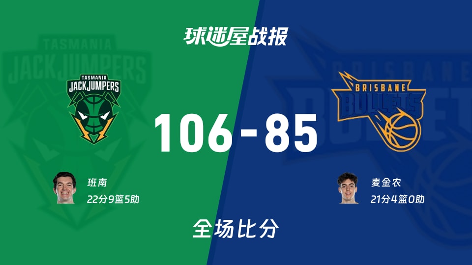 NBL塔斯马尼亚跳伞蚁vs布里斯班子弹战报：106-85，班南22+9+5