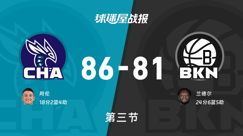 黄蜂vs篮网:第三节完,黄蜂86-81篮网,兰德尔得到24分