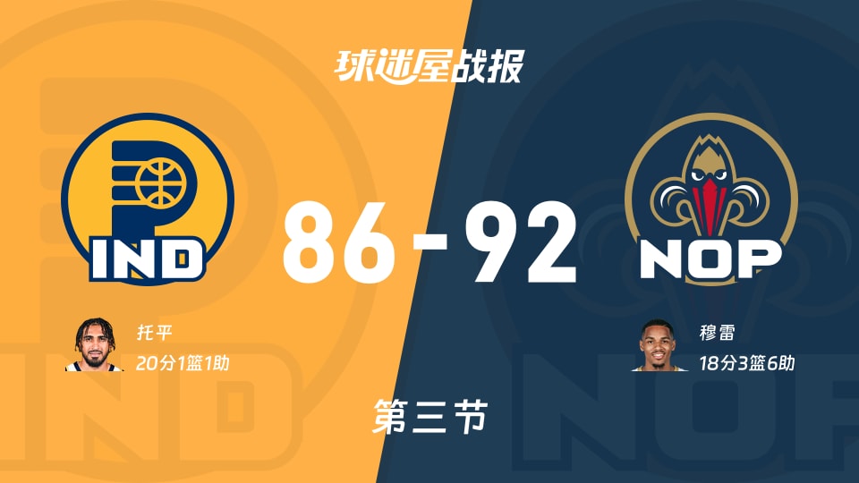 步行者vs鹈鹕:三节战罢,步行者86-92鹈鹕,托平得到20分