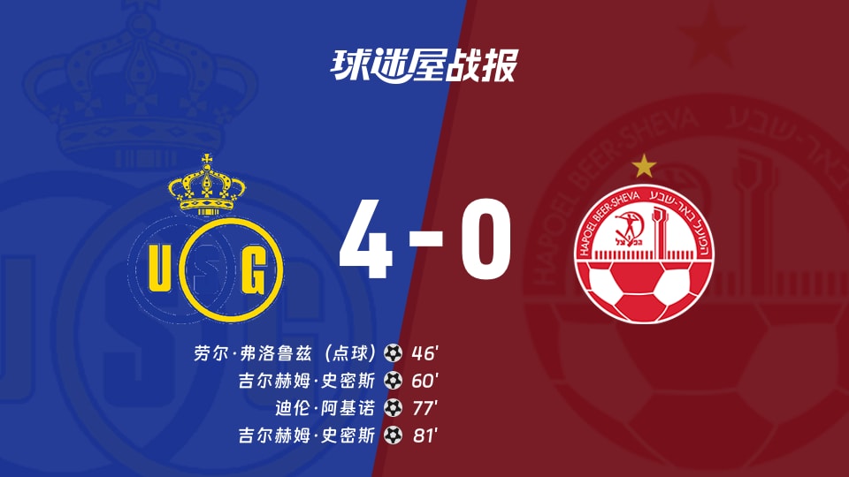 【欧联联赛阶段第3轮】圣吉罗斯vs贝尔谢巴工人比赛结果：圣吉罗斯(4-0)贝尔谢巴工人比分战报(2026年10月23日)