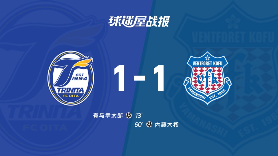 【日职乙联赛第13轮】大分三神vs甲府风林比赛结果:大分三神(1-1)甲府风林比分战报(2026年10月25日)