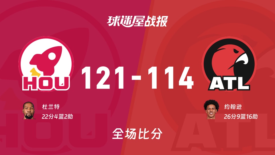 NBA常规赛:火箭以121-114战胜老鹰,杜兰特22+4+2