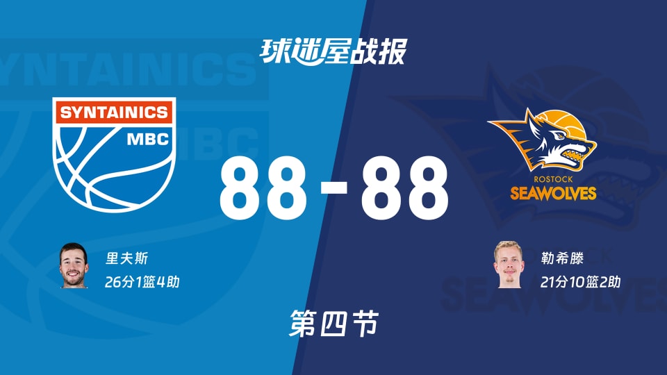 德篮甲常规赛:中央德国88-88罗斯托克进入加时赛,里夫斯得到26分,勒希滕得到21分